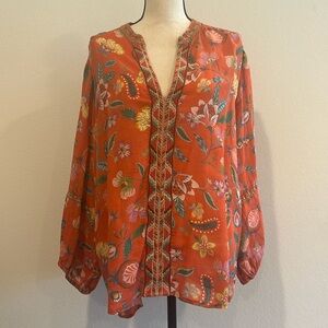 Johnny Was Floral Embroidered Blouse in Red and Green